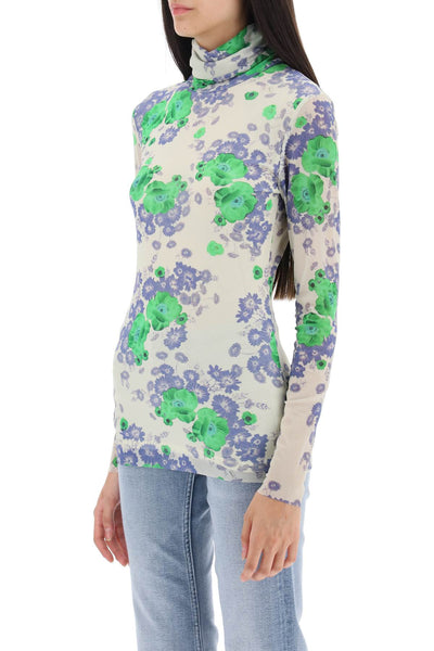 Ganni long-sleeved top in mesh with floral pattern T3496 EGRET