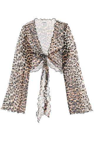 Ganni cover up cropped top in mesh with leopard print T3584 LEOPARD