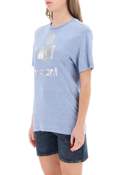 Isabel marant etoile zewel t-shirt with metallic logo print TS0001FB A1N10E BLUE SILVER