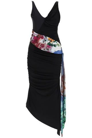 Marine serre dress in draped jersey with contrasting sash WDR007 CJER0021 BLACK